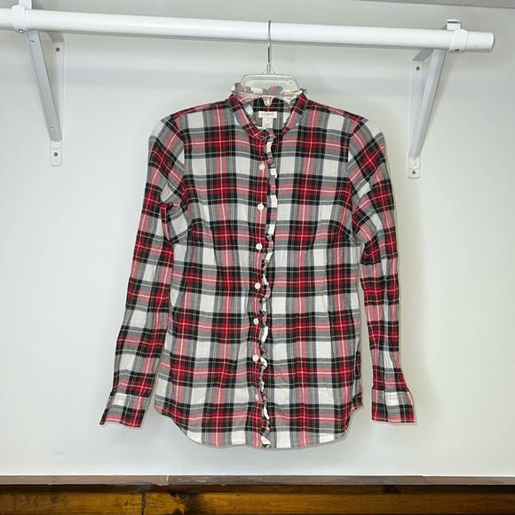 J. Crew Tops - J. Crew Cotton Ruffle Tartan Plaid Holiday Button Down Shirt- XS